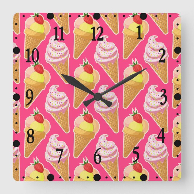 Kawaii pink pattern with strawberry ice cream  square wall clock (Front)