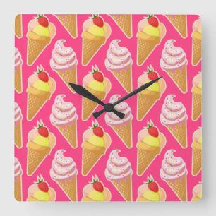 Kawaii pink pattern with strawberry ice cream square wall clock