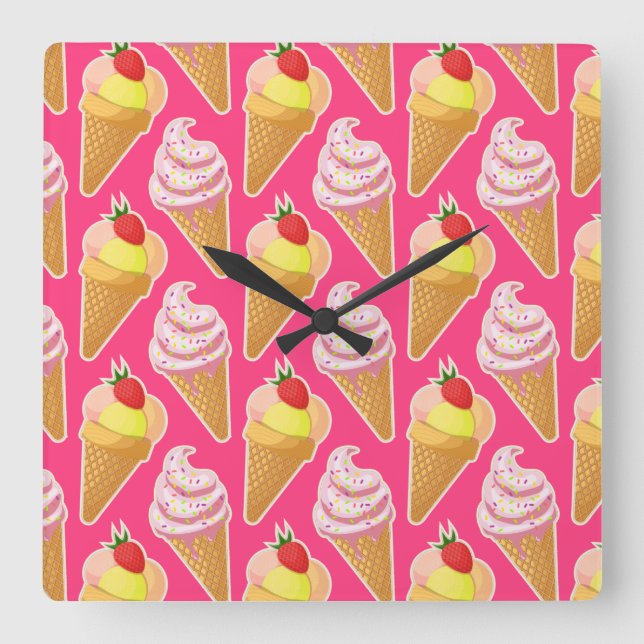 Kawaii pink pattern with strawberry ice cream  square wall clock (Front)