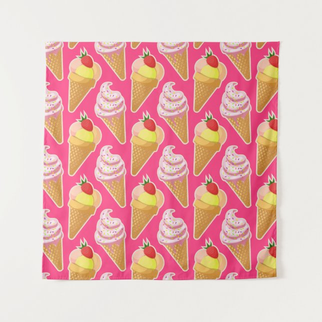Kawaii pink pattern with strawberry ice cream  tapestry (Front)