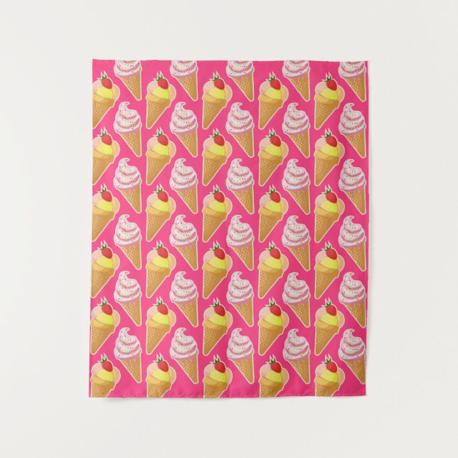 Kawaii pink pattern with strawberry ice cream  tapestry (Front)