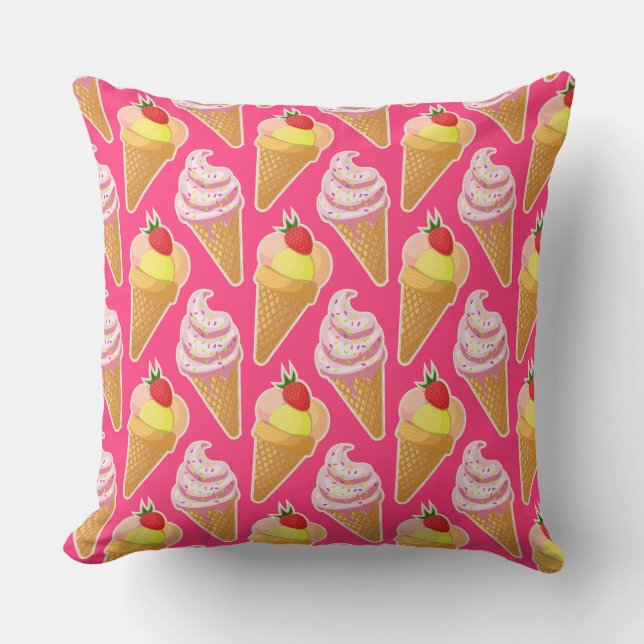 Kawaii pink pattern with strawberry ice cream  throw pillow (Front)