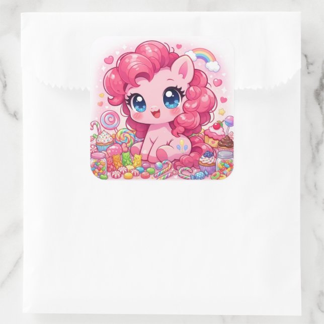 Kawaii Pink Pony Chibi Art – Sweet Candy & Cupcake Square Sticker (Bag)