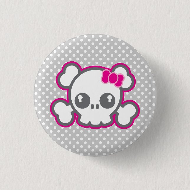 Kawaii Pink Ribbon Skull Button (Front)