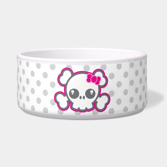 Kawaii Pink Ribbon Skull Dog Bowl (Front)