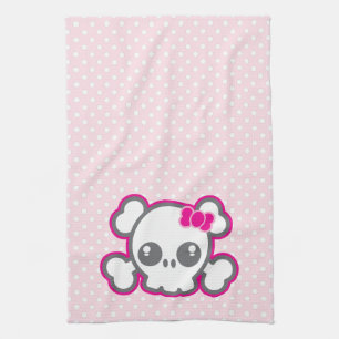 Kawaii Pink Ribbon Skull Kitchen Towel