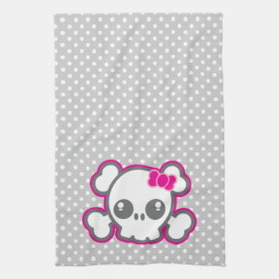 Kawaii Pink Ribbon Skull Kitchen Towel