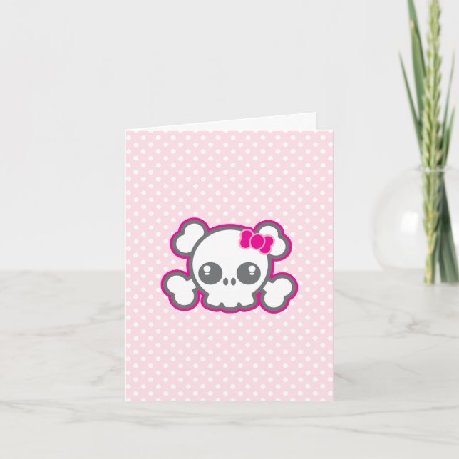 Kawaii Pink Ribbon Skull Note Card (Front)