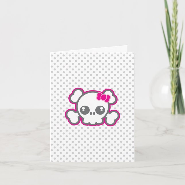 Kawaii Pink Ribbon Skull Note Card (Front)