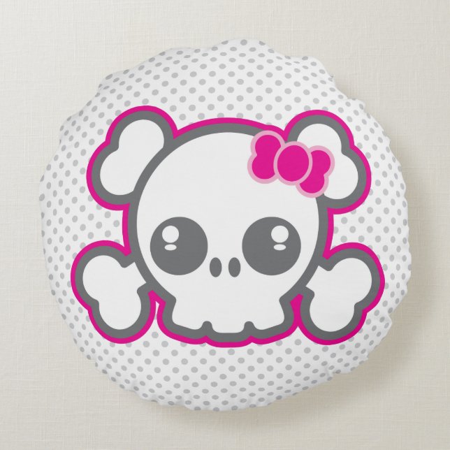 Kawaii Pink Ribbon Skull Round Pillow (Back)