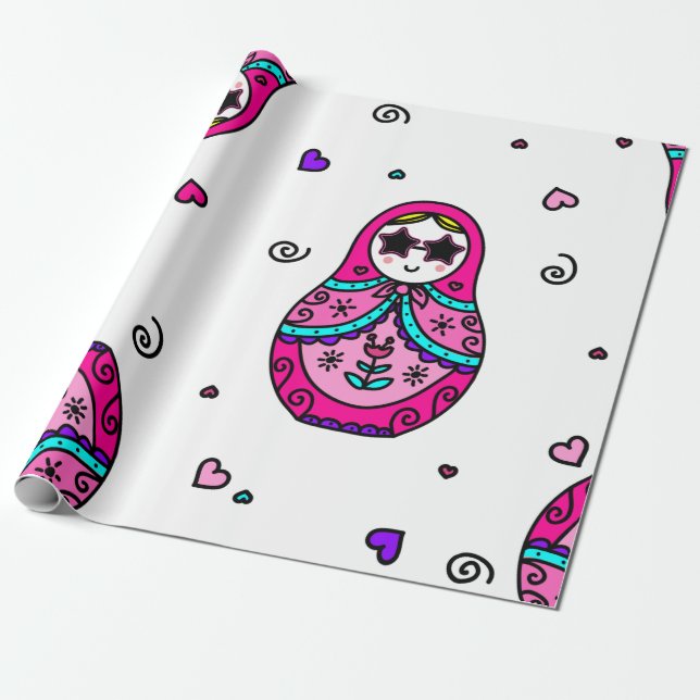 kawaii pink Russian Doll Wrapping Paper (Unrolled)