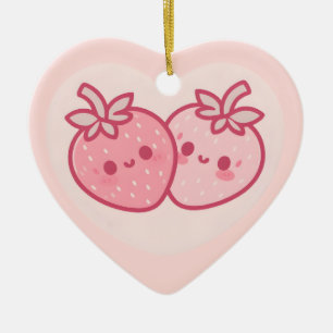 Kawaii Pink Valentines Strawberries Ceramic Ornament