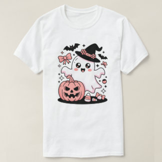 Kawaii Pink Witch Ghost with Pumpkin And Bows T-Shirt