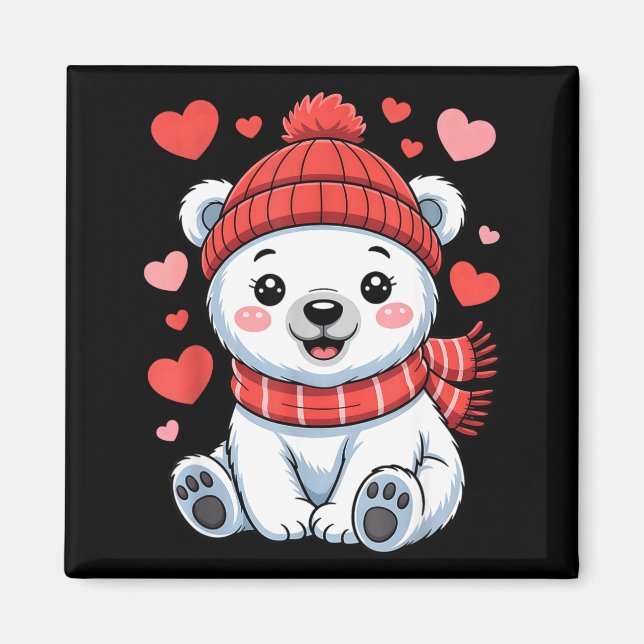 Kawaii Polar Bear Valentines Day Hearts Scarf Bean Magnet (Front)