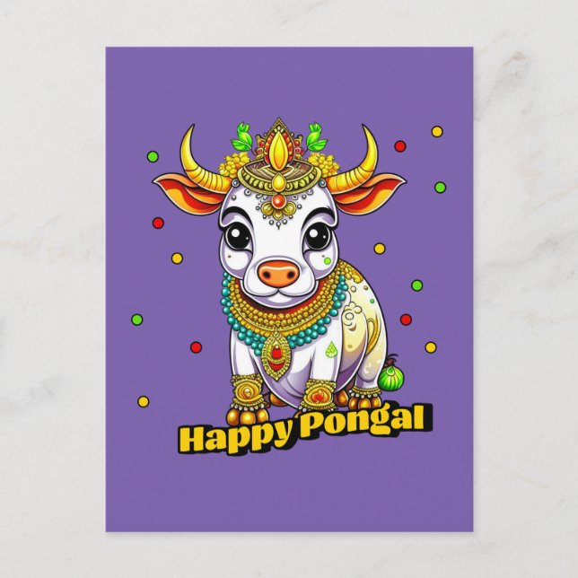 Kawaii Pongal Decorated Cow Postcard (Front)