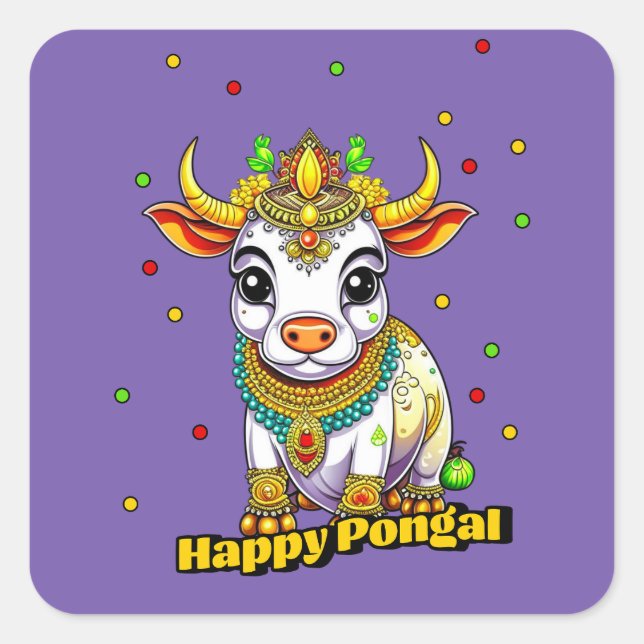 Kawaii Pongal Decorated Cow Square Sticker (Front)