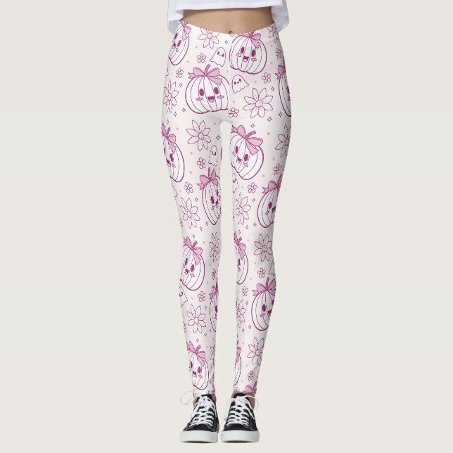 Kawaii Pumpkins, Ghosts & Flowers Leggings (Front)