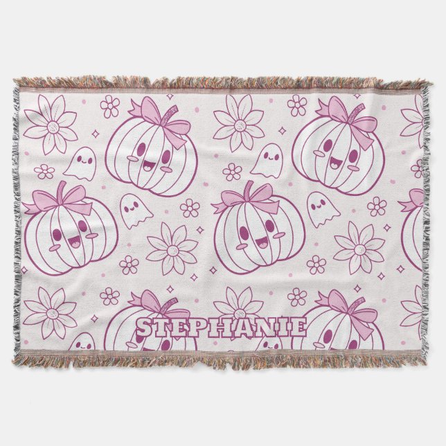 Kawaii Pumpkins, Ghosts & Flowers Throw Blanket (Front)