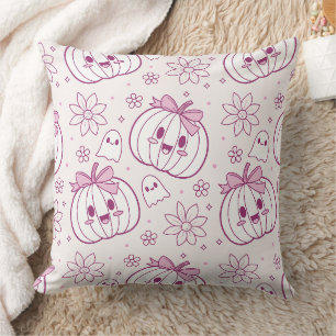 Kawaii Pumpkins, Ghosts & Flowers Throw Pillow
