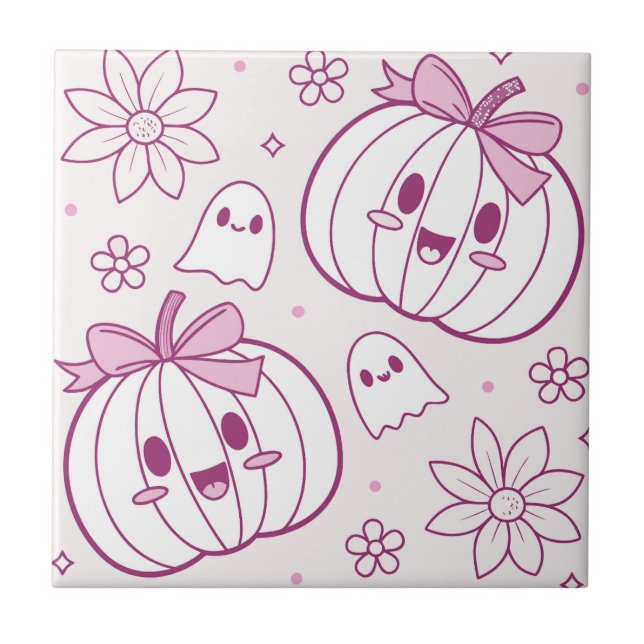 Kawaii Pumpkins, Ghosts & Flowers Tile (Front)