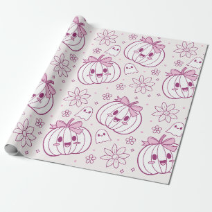 Kawaii Pumpkins, Ghosts & Flowers Wrapping Paper