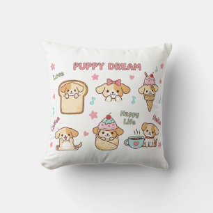 Kawaii Puppy Dream Illustration   Cute Cartoon Dog Throw Pillow