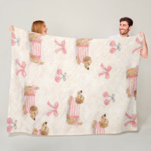 Kawaii Puppy Pattern Blanket with Pink Bows