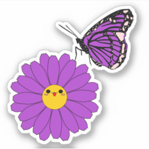 Kawaii Purple Daisy with Butterfly Vinyl Sticker