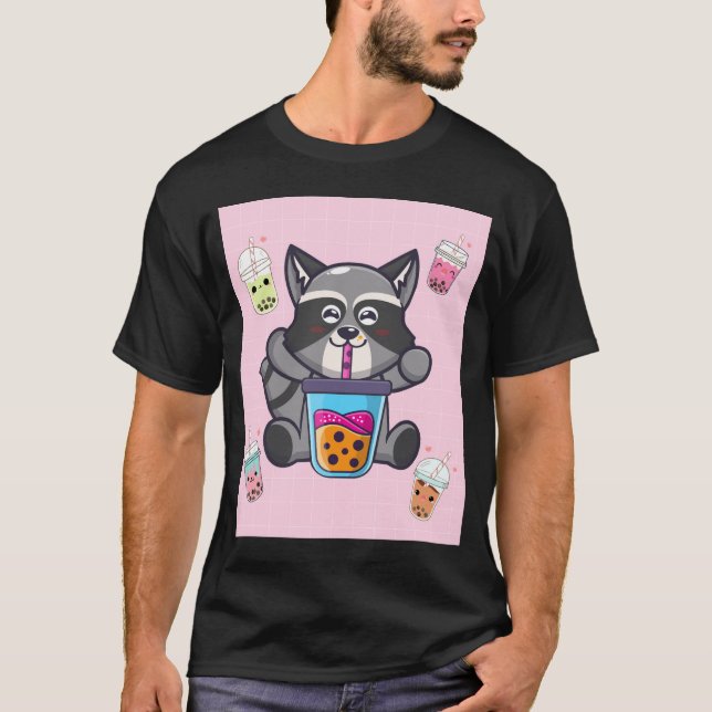 Kawaii Raccoon Bubble Boba Milk Tea Japanese Aesth T-Shirt (Front)
