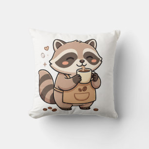 Kawaii Raccoon Coffee Pillow Art
