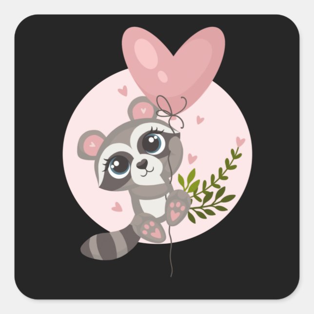 Kawaii Raccoon with Balloon for Valentine's Day Square Sticker (Front)