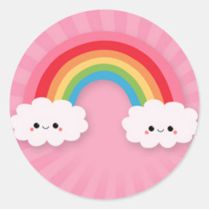 Kawaii Rainbow and Clouds on Pink Starburst Classic Round Sticker