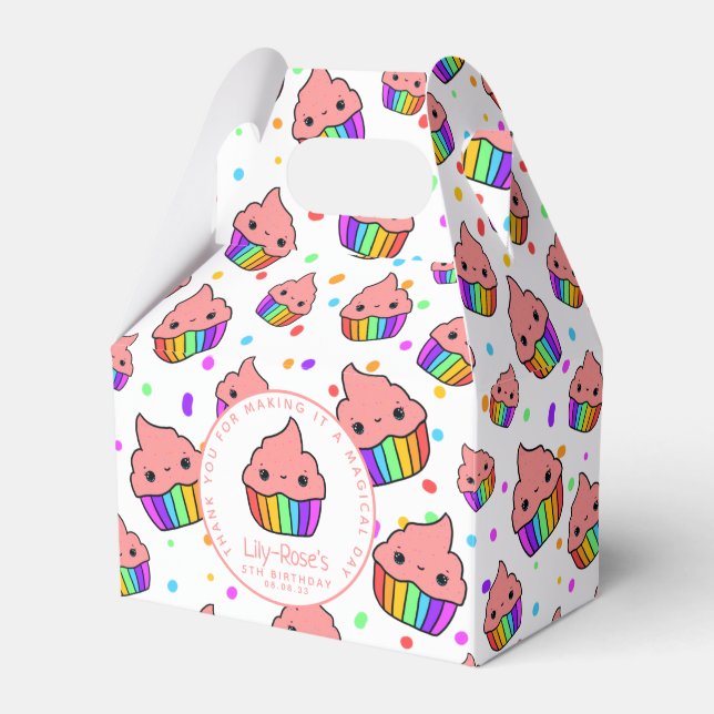 Kawaii Rainbow Cupcake Birthday Party Favor Box (Front Side)