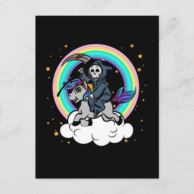 Kawaii Rainbow Grim Reaper riding Unicorn Postcard (Front)