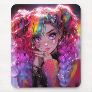 Kawaii Rainbow Hair Braids Anime Girl Mouse Pad