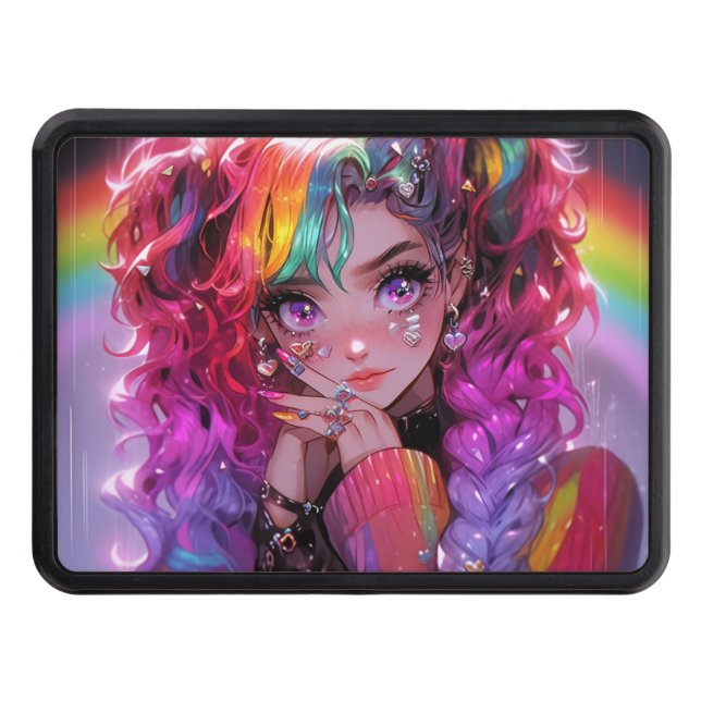 Kawaii Rainbow Hair Braids Anime Girl Trailer Hitch Cover (Front)