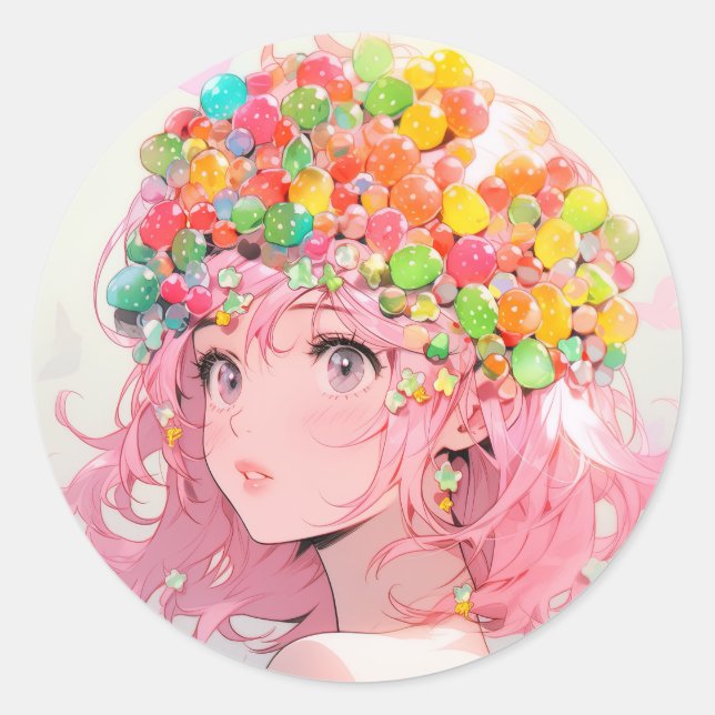 Kawaii Rainbow Pastel Candy Mushroom Anime Girl Classic Round Sticker (Front)