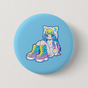 Kawaii Rainbow Star Cat-Eared Girl 2 Inch Round Button