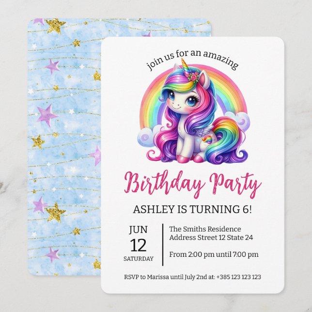Kawaii Rainbow Unicorn Birthday Party Invitation (Front/Back)
