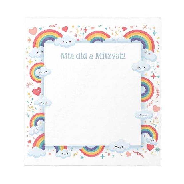 Kawaii Rainbows Personalized Mitzvah Notes Notepad (Front)