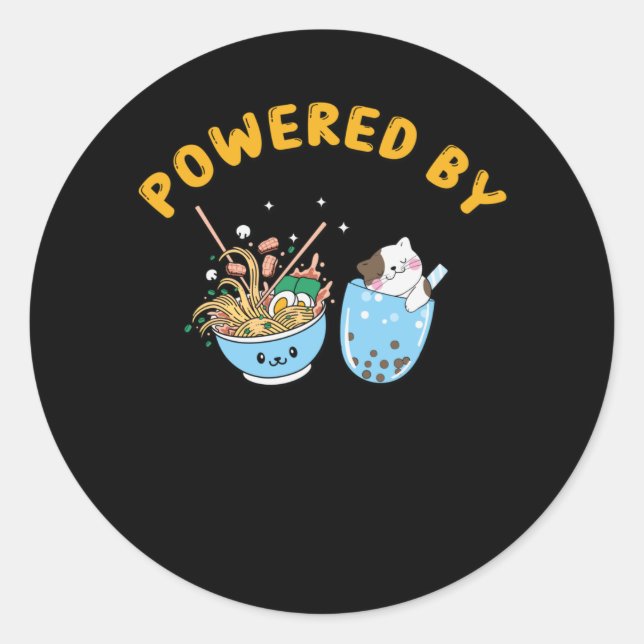 Kawaii Ramen & Cat Design | Powered Ramen and Cat Classic Round Sticker (Front)