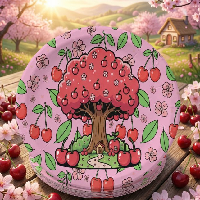 Kawaii Red Cherry Vibes Cute Girly Aesthetic Paper Plate (Creator Uploaded)