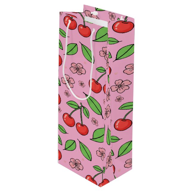 Kawaii Red Cherry Vibes Cute Girly Aesthetic Wine Gift Bag (Front Angled)