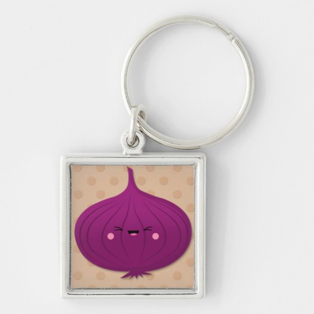 Kawaii Red Onion on Brown Polka Dots Keychain (Front)