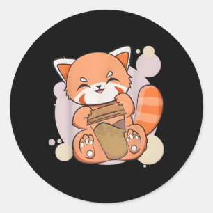 Kawaii Red Panda Drinking Coffee Cup Anime Bear Classic Round Sticker