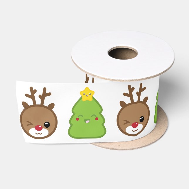Kawaii Reindeer & Christmas Tree Ribbon Satin Ribbon (Spool)