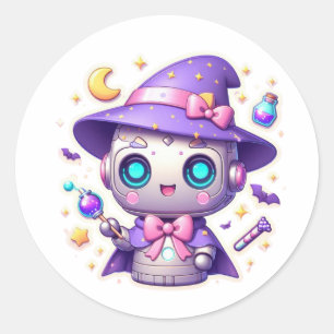 Kawaii Robot Witch Cute Magical Bot with Wand Classic Round Sticker