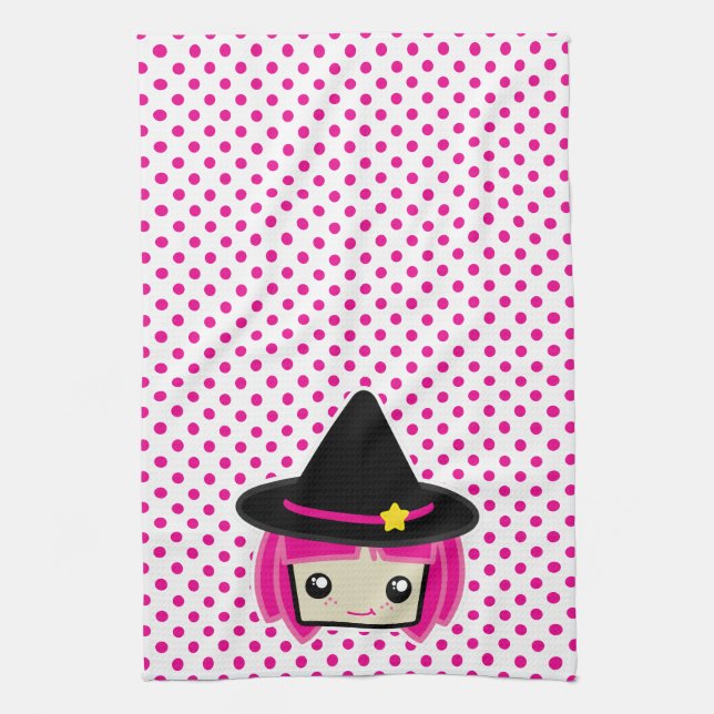 Kawaii rose Haired Witch serviette de cuisine (Vertical)