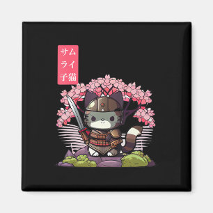 Kawaii Samurai Kitten with Cherry Blossom Japanese Magnet
