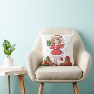 Kawaii Santa Girl with Gifts Throw Pillow